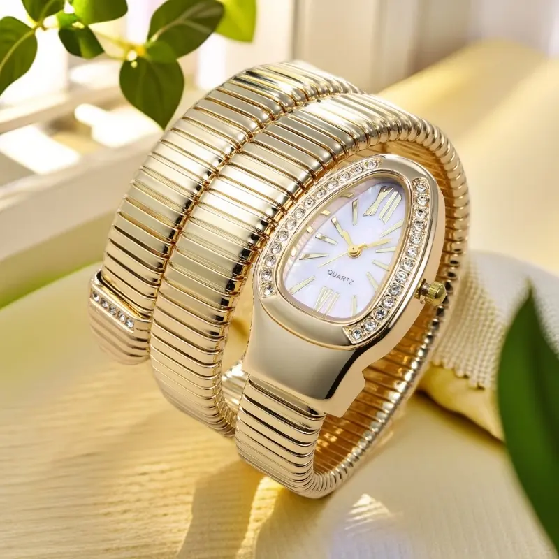 Women's Luxury 28mm Silver Alloy Case Gold Snake Bangle Quartz Watch - Analog Clock with Round Face, Crystal Diamond Bezel, Mother of Pearl Dial, Roman Numerals, Wrap-Around Design, Elegant Retro Statement Timepiece, Ideal Gift for Her