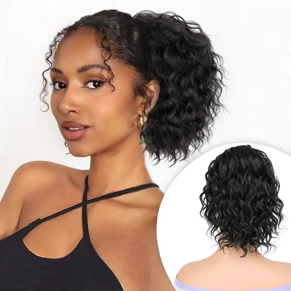 IVROSE Ponytail Extension, 10 Inch Short Wavy Curly Synthetic Drawstring Hairpiece for Women, Natural Looking with Fluffy Finish, Synthetic Hair Extensions, Wavy Synthetic Hairpieces