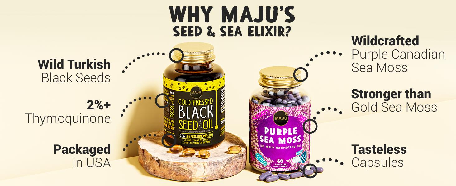 MAJU Immune Glow Duo - Black Seed Oil Capsules (60ct) & Purple Chondrus crispus Sea Moss Capsules (60ct) Edible Dietary Healthcare Supplement Fitness Healthy Skin Natural Wellness Vitamin