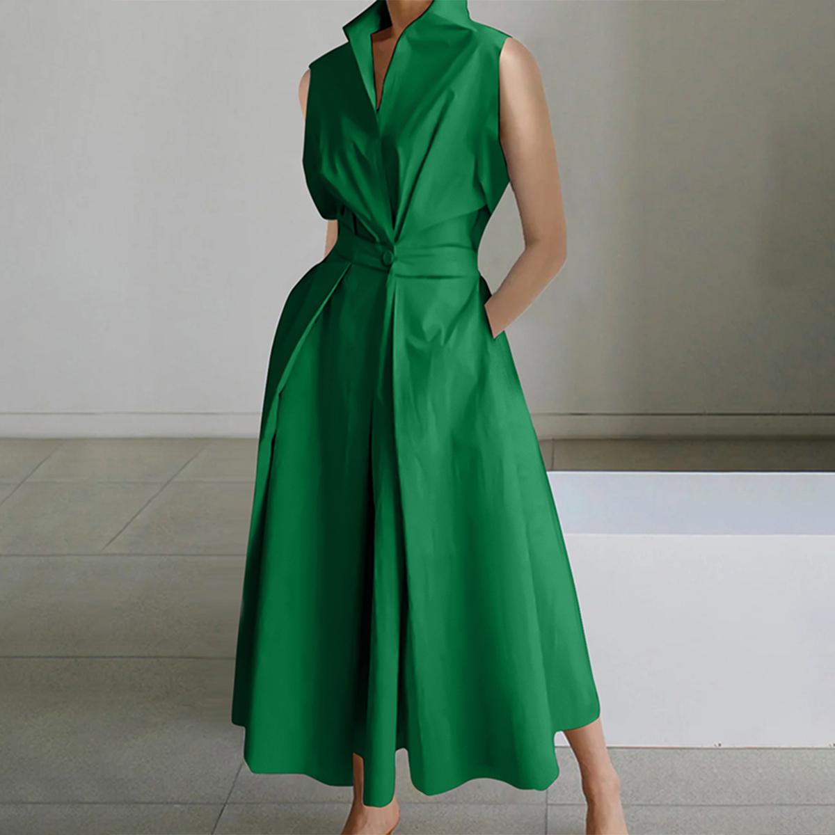 Women's loose solid color lapel mid-length dress, waist design, comfortable and elegant, a must-have for commuting and formal occasions Shirt Dress