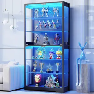 Display Cabinet with Glass Door, 6-Tier 71" Curio Cabinet with 3 Color Lights for Collectibles, Display Case with Adjustable Glass Shelves, Human Body Sensor, Storage Cabinets, Black