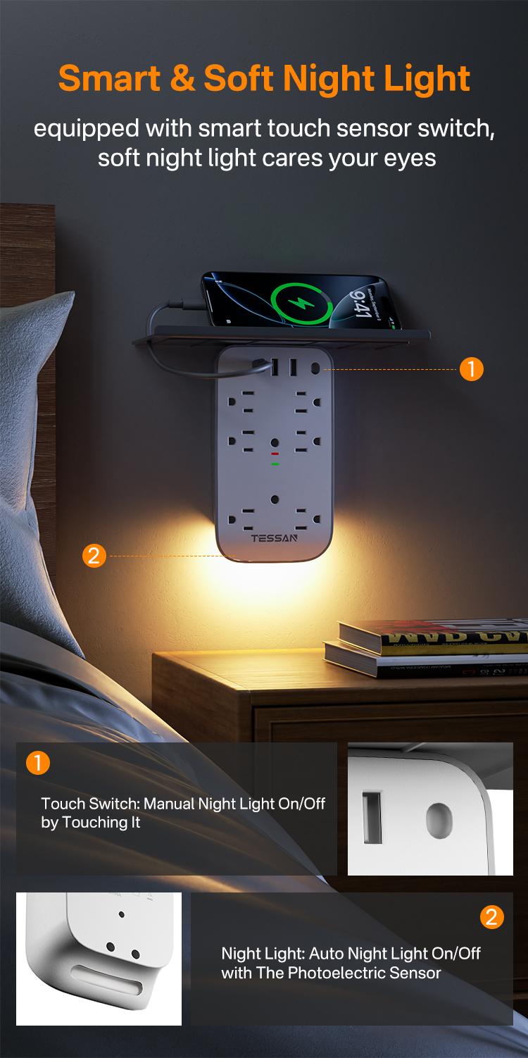 Tessan Wall Outlet Extender with Shelf Night Light Multi Plug Outlets USB Charger 6 AC 2 USB Ports 1 USB C for Home Office
