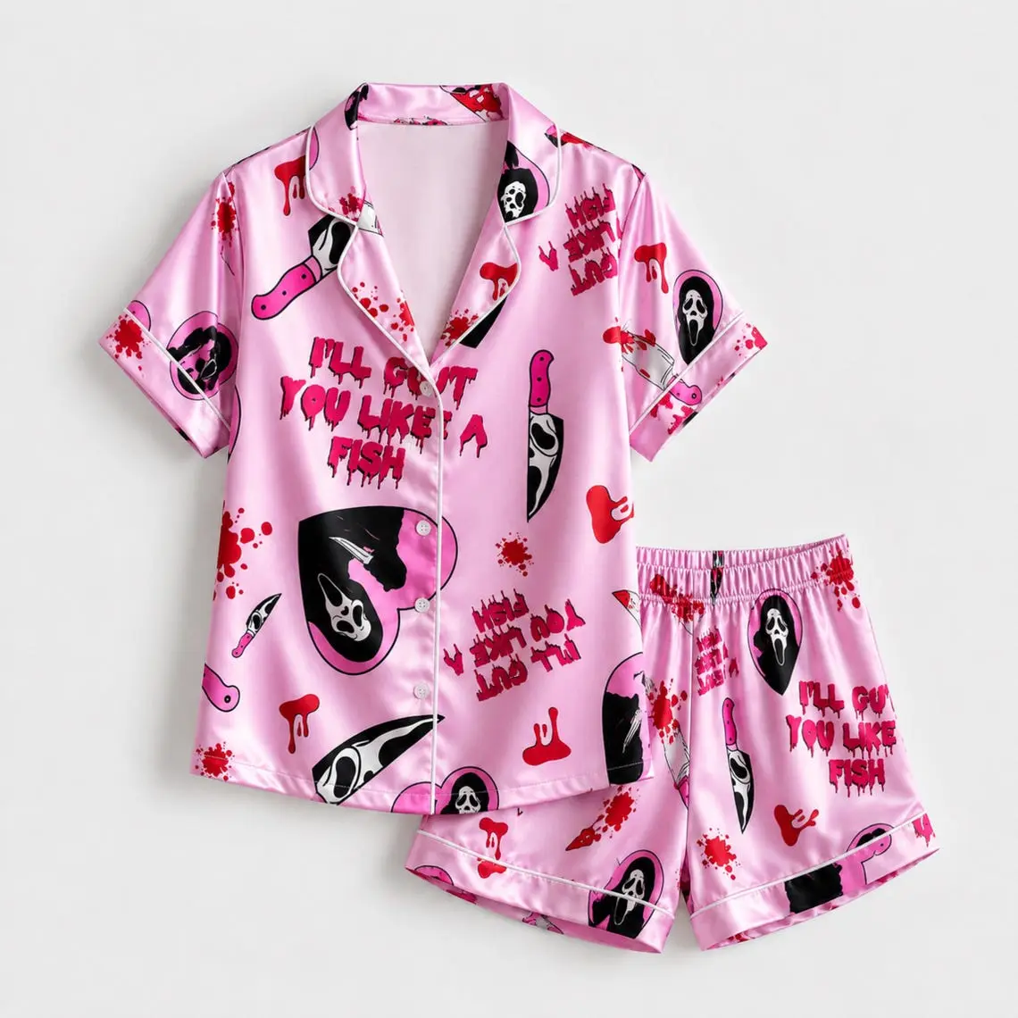 Ghostface Pink Satin Pajama Set for Women Cute Spooky Horror Movie Inspired Sleepwear Button Down Satin Pajamas Halloween Matching PJ Set for Cozy Nights