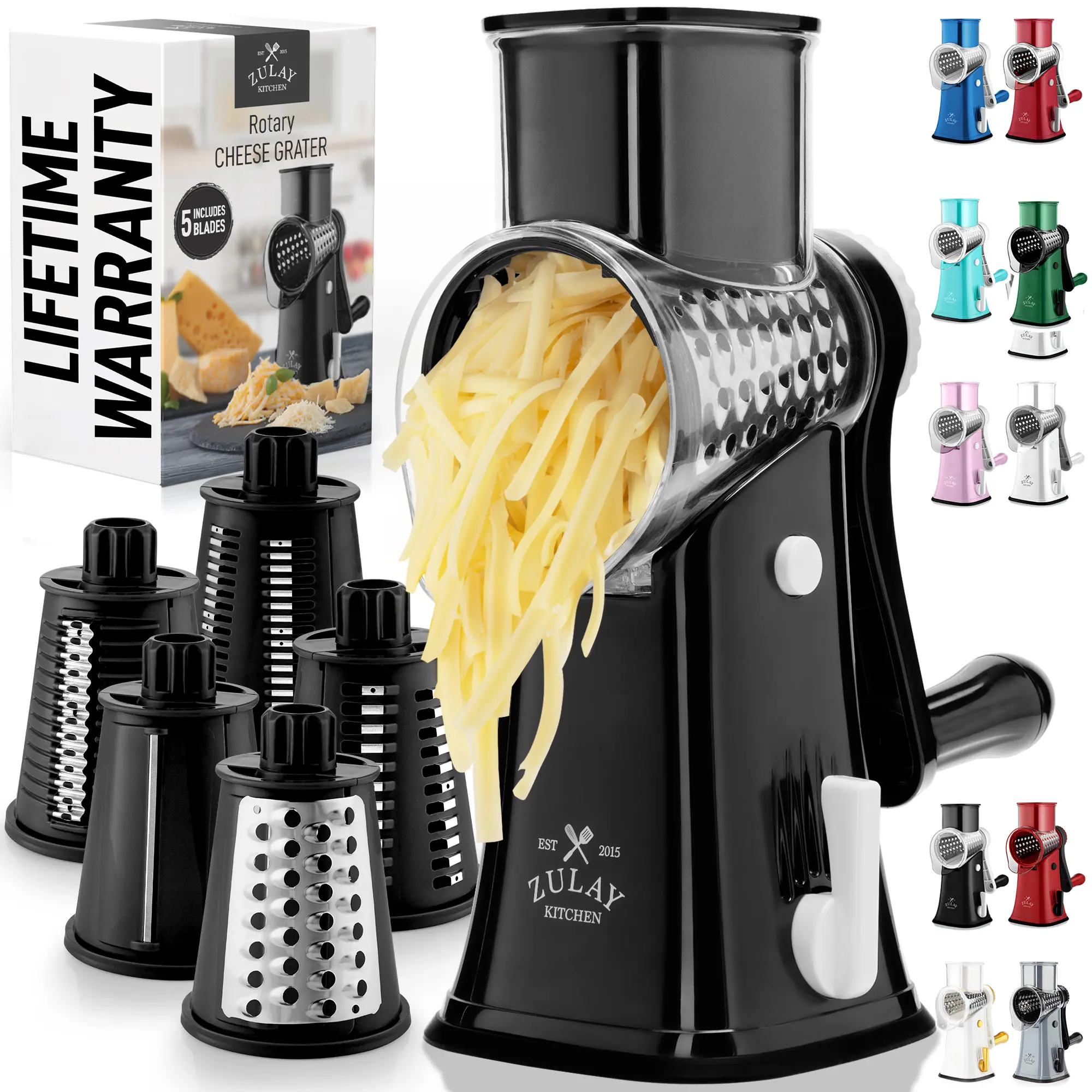 Zulay Kitchen Rotary Cheese Grater with Hand Crank Durable Sturdy Shredder with Suction Base Stainless Steel Blades for Easy Cleaning & Vegetable Slicer