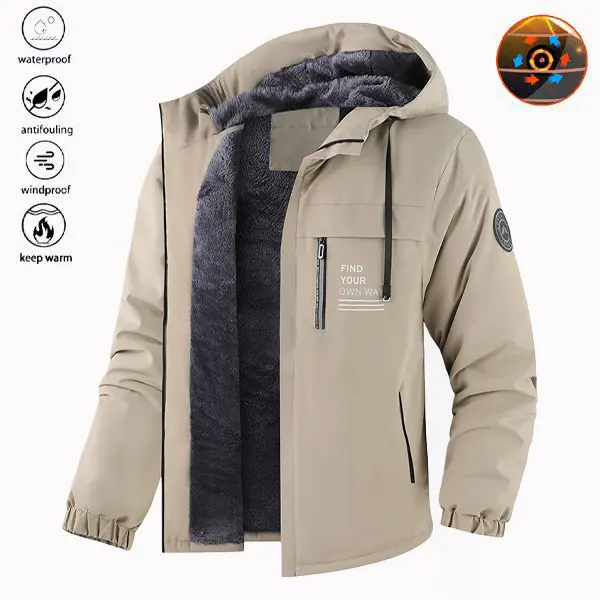 Men’s Thickened Warm Fleece Hooded Jacket – Windproof, Waterproof, Insulated Casual Sports Outerwear for Outdoor Activities and Cold Weather, Machine Washable; Thickened, Comfortable Winter Lining Jacket, Western Men’s Clothing