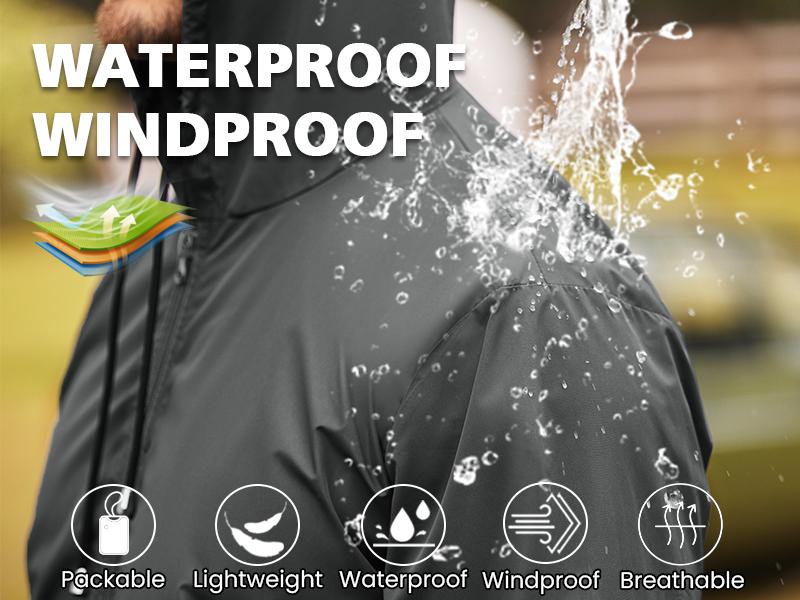 Men's Packable Jacket Outdoor Waterproof Hooded Lightweight Classic Cycling Raincoat for Hiking/Outdoor/Camping Fabric Menswear Zipper Breathable Relaxed Fit Long Sleeve Tops Athletic Outerwear Activewear Blazer