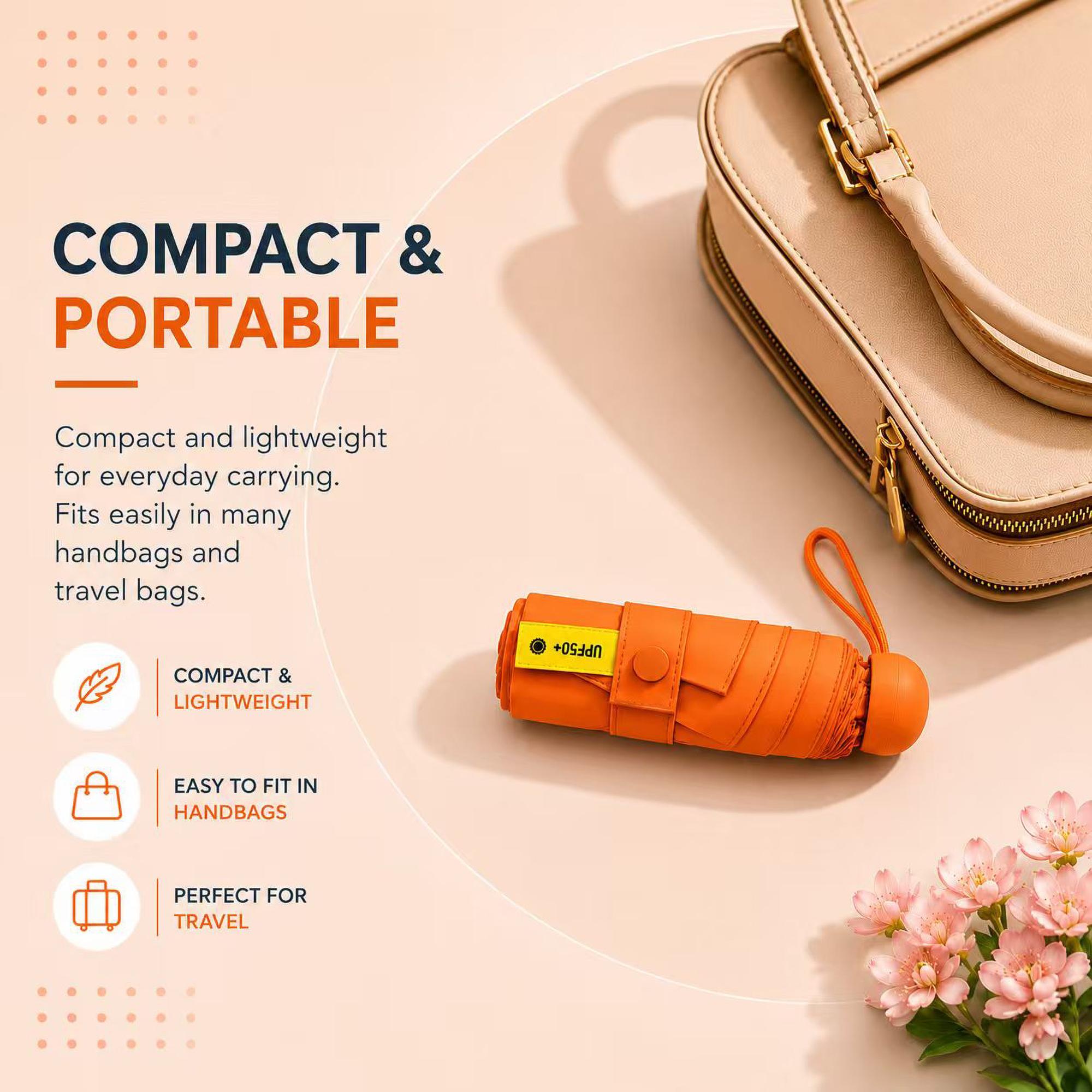 Mini Folding Pocket Umbrella, UPF50+ Sun Protection, Water-Repellent Compact Travel Umbrella with Blackout Inner Coating, Lightweight Portable Design for Purse, Mini Bag, Backpack, Car, Beach, Daily Commute, Summer Trips, Outdoor Use, Women, Men and Teens
