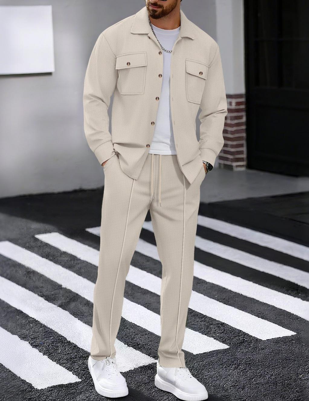 Autumn New Waffle Long Sleeved Pants Two-Piece Set Solid Color Double Pocket Button Up Cardigan Shirt Set for Men