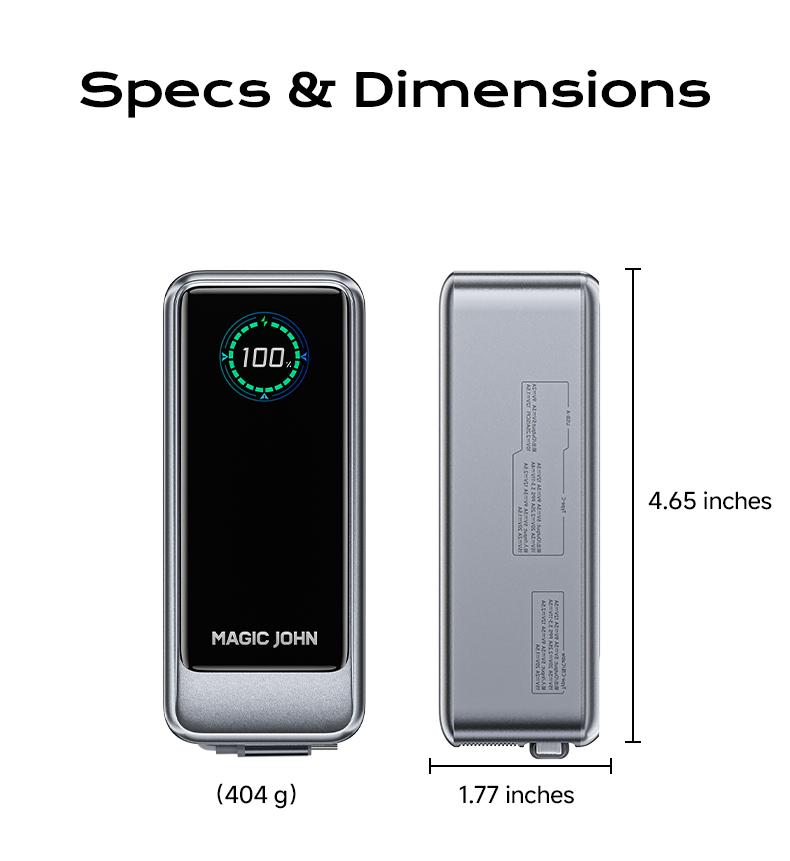 MAGIC JOHN Power Bank for Phones & Laptops, 15,000 mAh High-Capacity Portable Charger, USB-C Output, Built-in 2.3ft Retractable Cable, Airline-Approved, Compatible with iPhone 17/16 Series, MacBook, Samsung & More