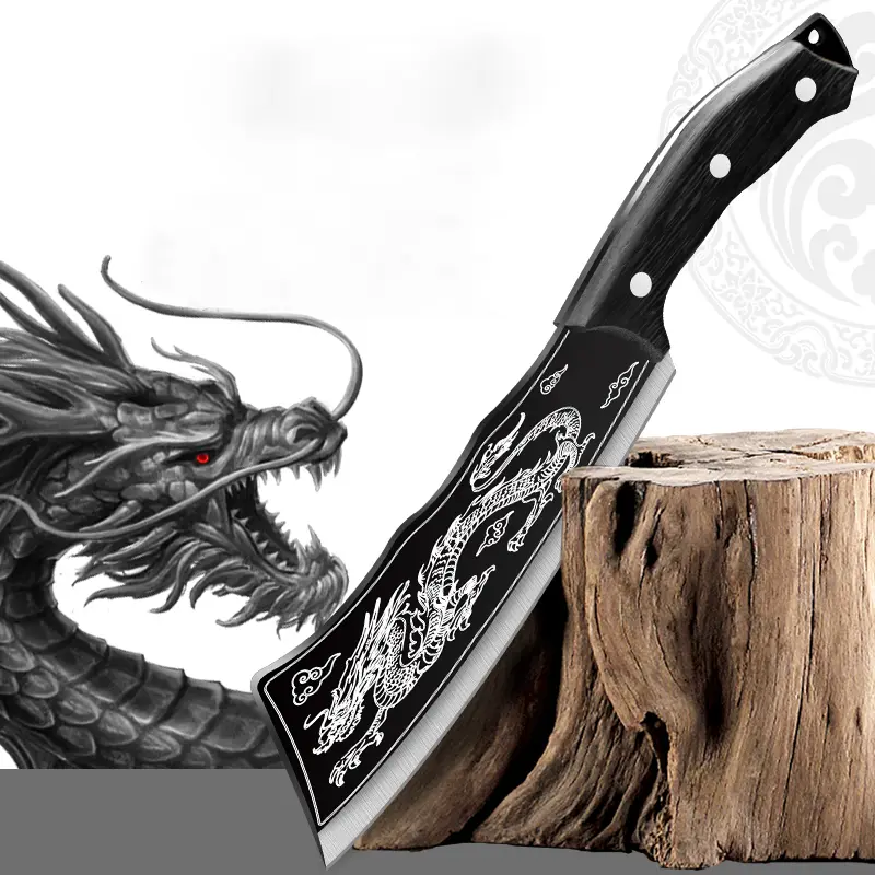 Durable High Carbon Steel Dragon-Embossed Cleaver, 7.87 in Heavy Duty Sharp Blade, Ergonomic Full-Tang Grip for Kitchen & BBQ Culinary Use, 7.87 Inches