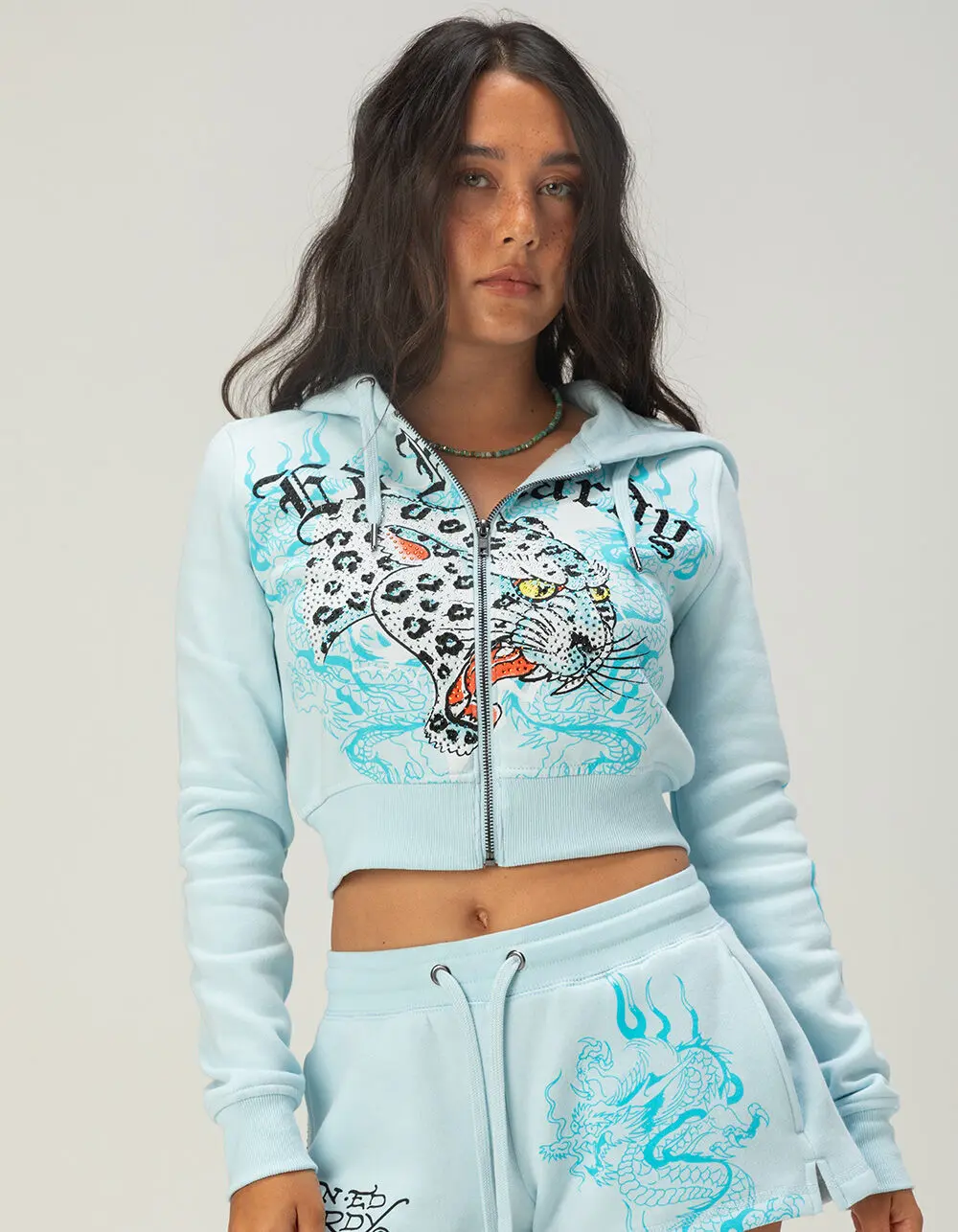 ED HARDY Blue Leopard Womens Zip-Up Rhinestone Hoodie