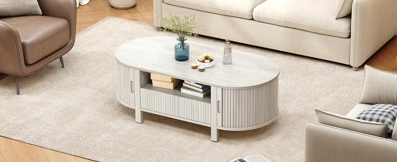 【Valentine's Day Gift】ONBRILL 47.2'' Oval Coffee Table With Storage, Fluted Accent Center Table With Draw And Sliding Tambour Doors