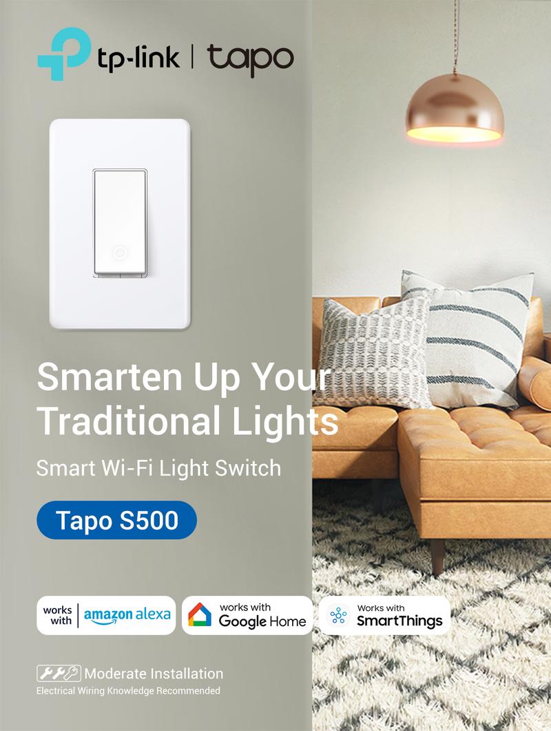 Tapo S500 (4-Pack) – Single-Pole Smart Light Switch | Matter-Ready* | Works with Alexa, Google & Samsung Bixby | App & Voice Control | Scheduling & Away Mode | Neutral Wire Required | UL Certified | 2.4 GHz Wi-Fi | No Hub Needed
