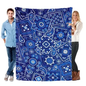 TikTok Viral Trending Blue Bandana Paisley Oversize Throw Blanket – Y2K Streetwear Aesthetic Tapestry | Soft Plush Fleece | Dorm Decor for College Students, Skate Culture Fans & TikTok Trendsetters | Classic Bandana Print & Durable Design