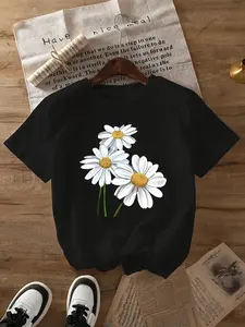 Women's Casual Sports Short Sleeve T-Shirt - Cotton Breathable Geometric Flower Print Round Neck, Machine Washable for All-Season Outdoor Daily Wear, Cute Loose Opaque Fabric