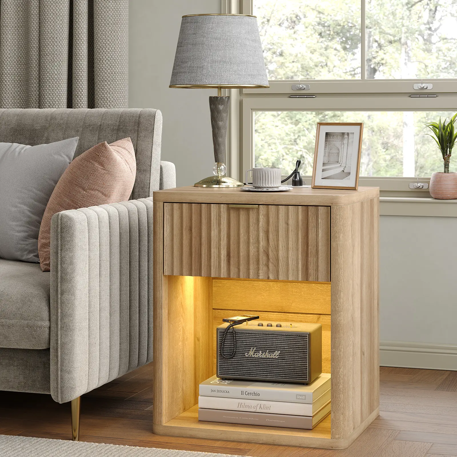 FUSOU Oak Bedside Cabinet Nightstand with Charging Station, Large LED Side Table with Adjustable Lighting Modes, Drawer & Storage Shelf, Modern Wood End Table for Home Bedroom, Living Room Decor, House Decor,dorm essentials,home decor