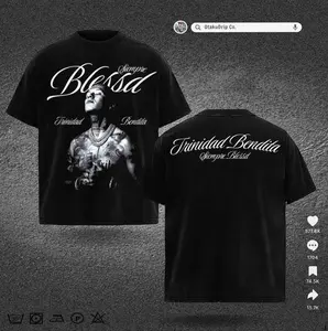Blessd Trinidad Bonita T-shirt – oversized black Latin streetwear shirt with front prayer pose artwork and back stylized “Siempre Blessd” script – unisex fit for reggaeton fashion and limited drop collections