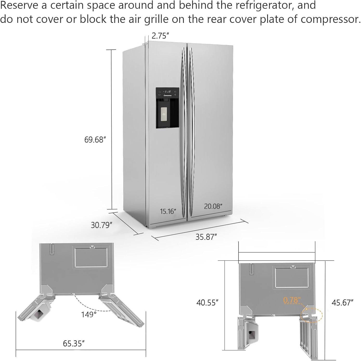 R.W.FLAME 20 Cu.ft. Large Refrigerator Fridge, 2 French Door Stainless Steel with Water Dispensor, Ice Maker for the Kitchen, Home