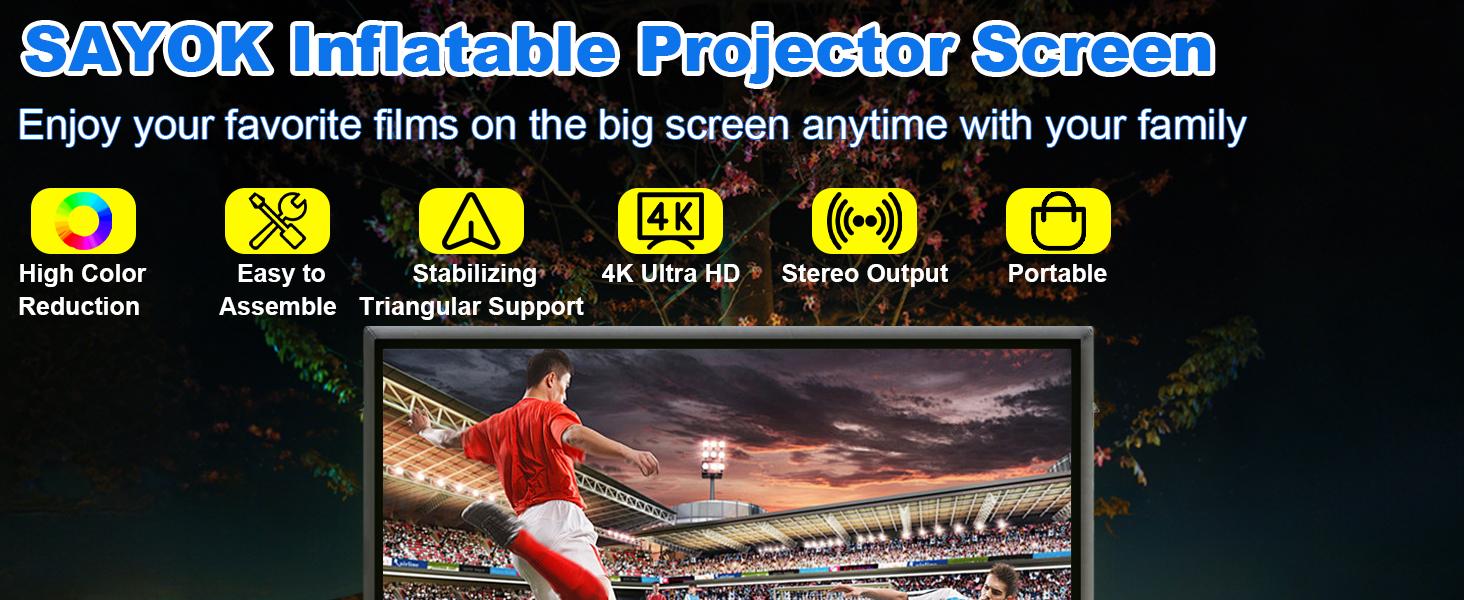 SAYOK 10FEET Inflatable Projector Screen for Outdoor Movies, Pool Parties & Backyard, Waterproof PVC Material, No Need Constant Inflating, Portable Movie Screen for Projector