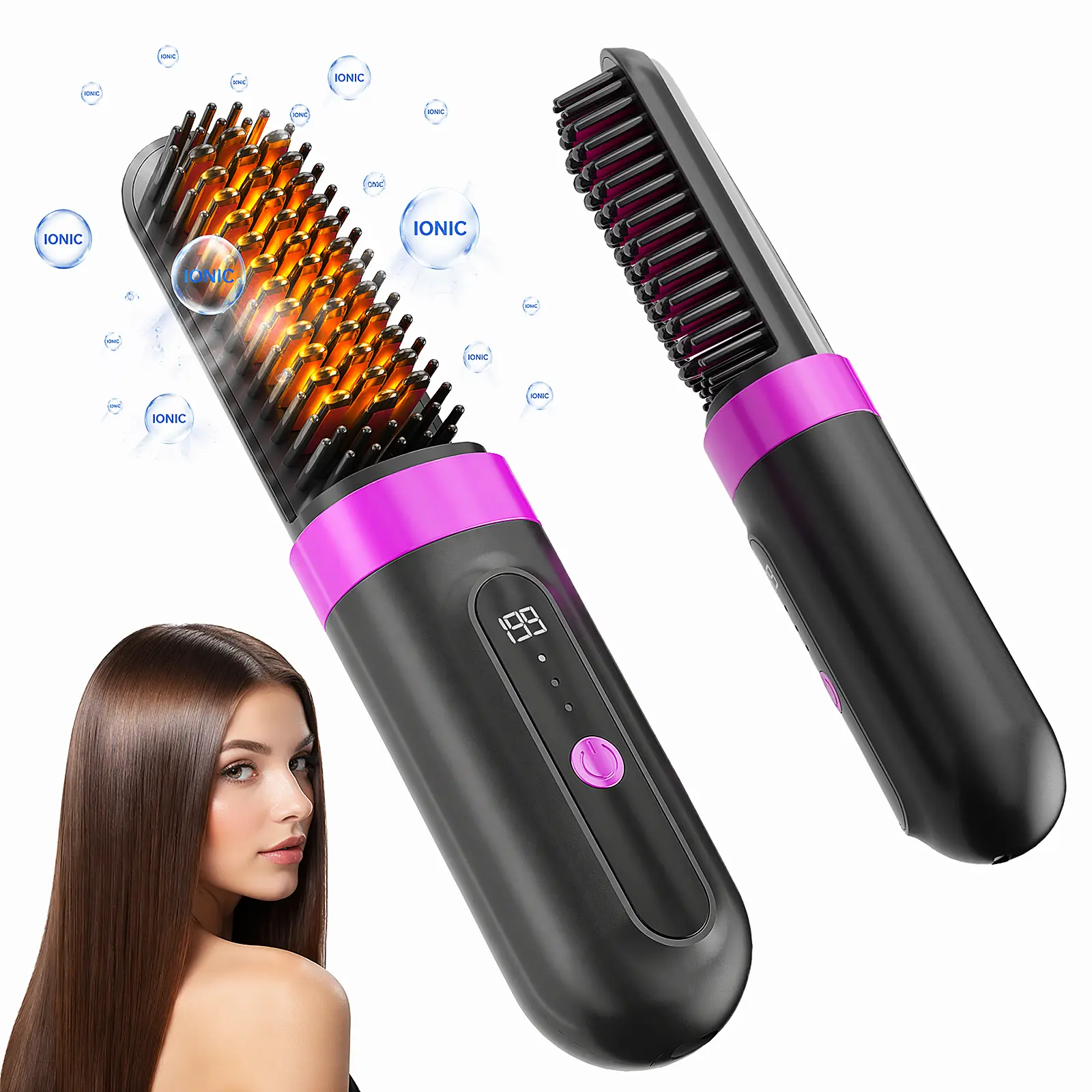 Cordless Hot Brush - 2-in-1 Dual Function Hair Styling Tool, Wireless Straightener & Curler with Batteries, Heat Control, Ceramic Coating, Ceramic Tip, Safe Mode for Straight to Wavy Hair