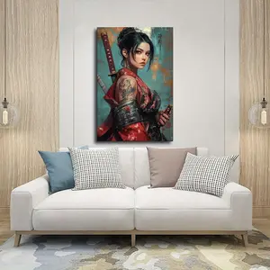 1pc Wooden Frame Japanese Samurai Lady Art Print – Tattooed Female Warrior in Red Kimono with Sword, Modern Canvas Wall Decor for Living Room, Bedroom, or Bathroom, Unique Home Decoration and Holiday Gift	