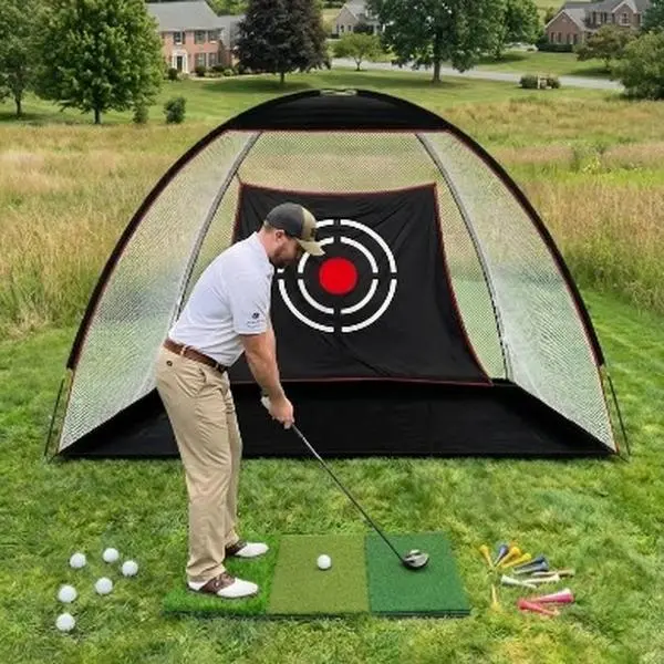 10X7FT Golf Hitting Practice Nets with Turf Mat Tees for Backyard Driving - Real Indoor Golf Balls Hitting Pitching Driving Nets for Indoor Outdoor Garage Use - Golfing Swing Training Impact Cages (White Netting)