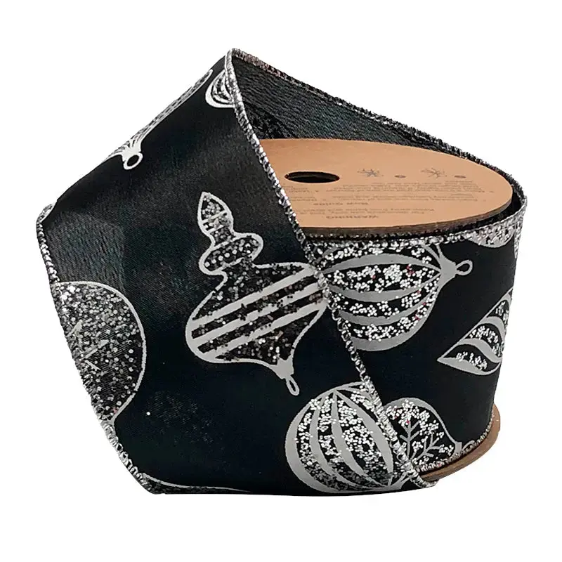 2 1/2" Wired Ribbon, "Glitter Ornament" Black-Silver 10 yd Roll for Garlands, Wreaths, Gift Wrapping
