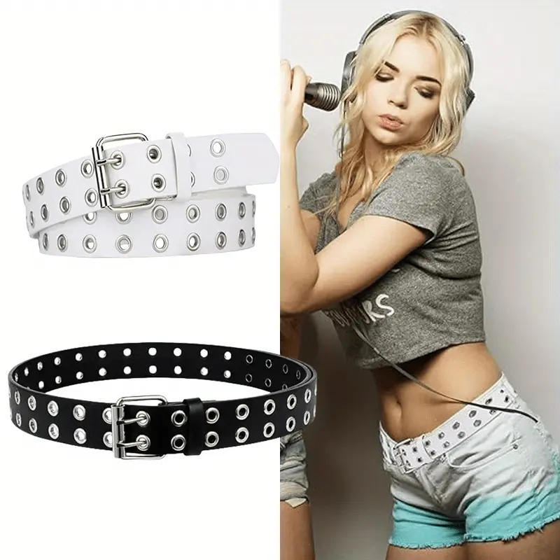 2 Pack Double Grommet Belt PU Leather Punk Belt for Women Men Jeans 2 Hole Waist Belts