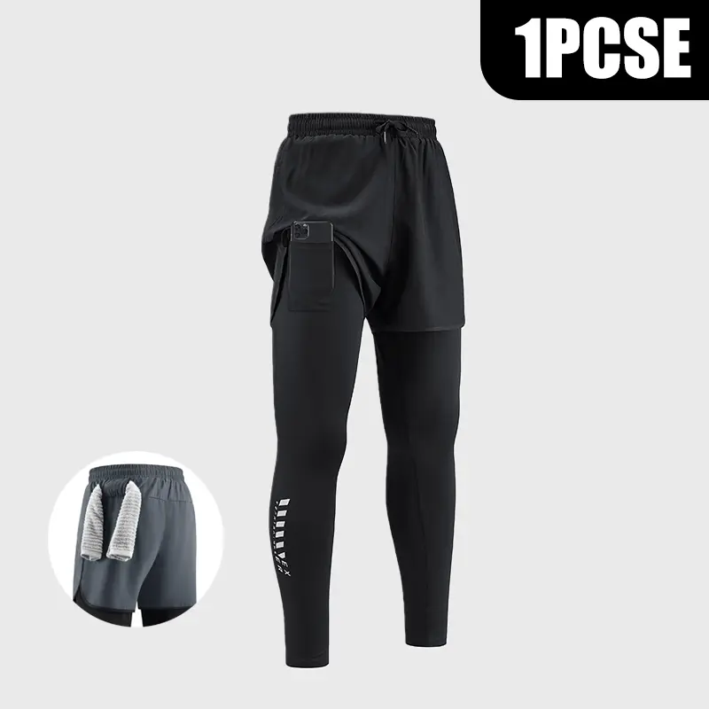 Men's 2-in-1 Fitted Running Compression Tights - Quick Dry, Breathable Athletic Leggings with Built-in Phone Pocket, Towel Loop, Elastic Waist - Machine Washable, Solid, Normal Type Pants for Athletes (Gym, Outdoor Use), All Seasons