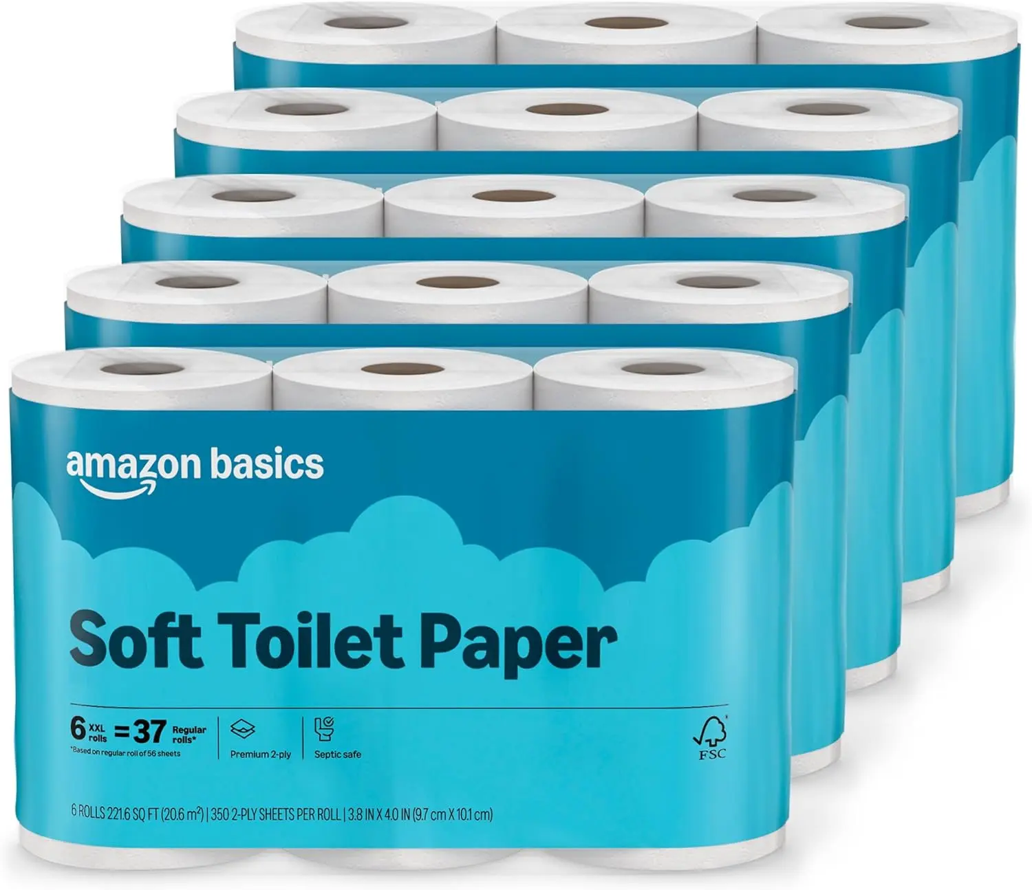 Amazon Basics 2-Ply Soft Toilet Paper, 30 Rolls (5 Packs of 6), 350 Sheets per Roll, Septic Safe, Equivalent to 185 Regular Rolls.