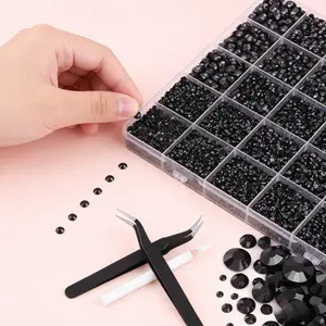 24 grids, 30,000 resin black crystals, for handmade DIY decorative items, loose flat-bottomed gemstones, suitable for decorating various handicrafts, manicures and accessory sets, with tweezers, magnetic pens and complimentary items