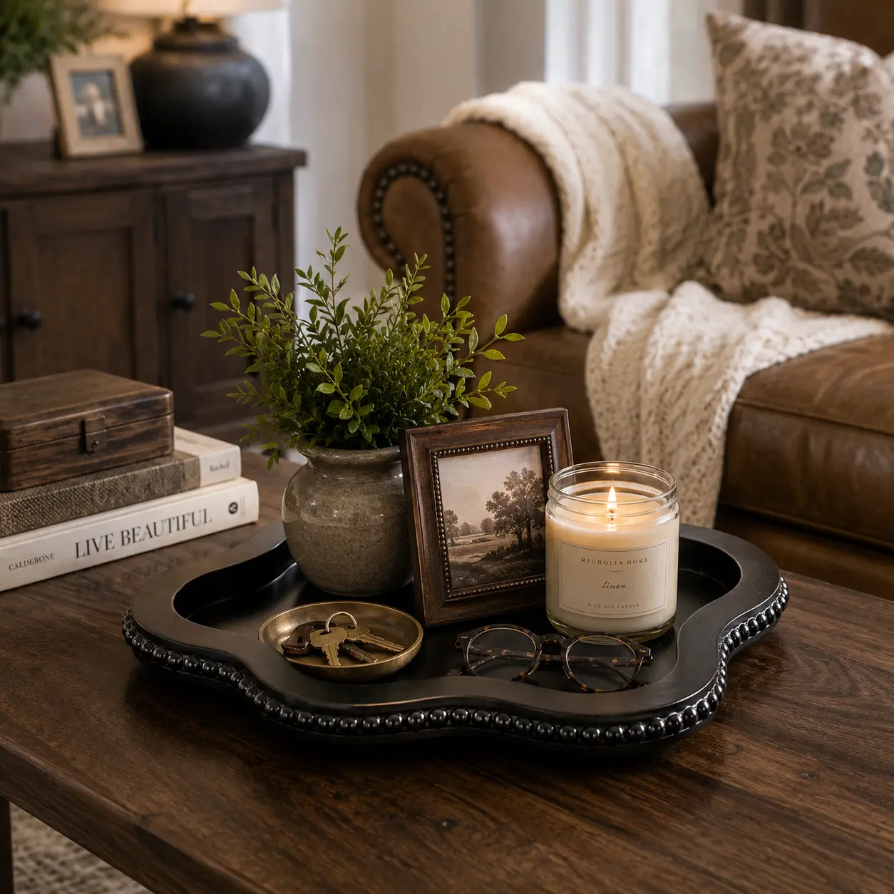 Small Black Cloud Design Pine Wood Beaded Decorative Tray - Rustic Dual-Use Home Organizer, 7.87in*12in Durable Storage for Living Room Coffee Table, Housewarming Gift Option, Living Room Decorations, Kitchen Counter