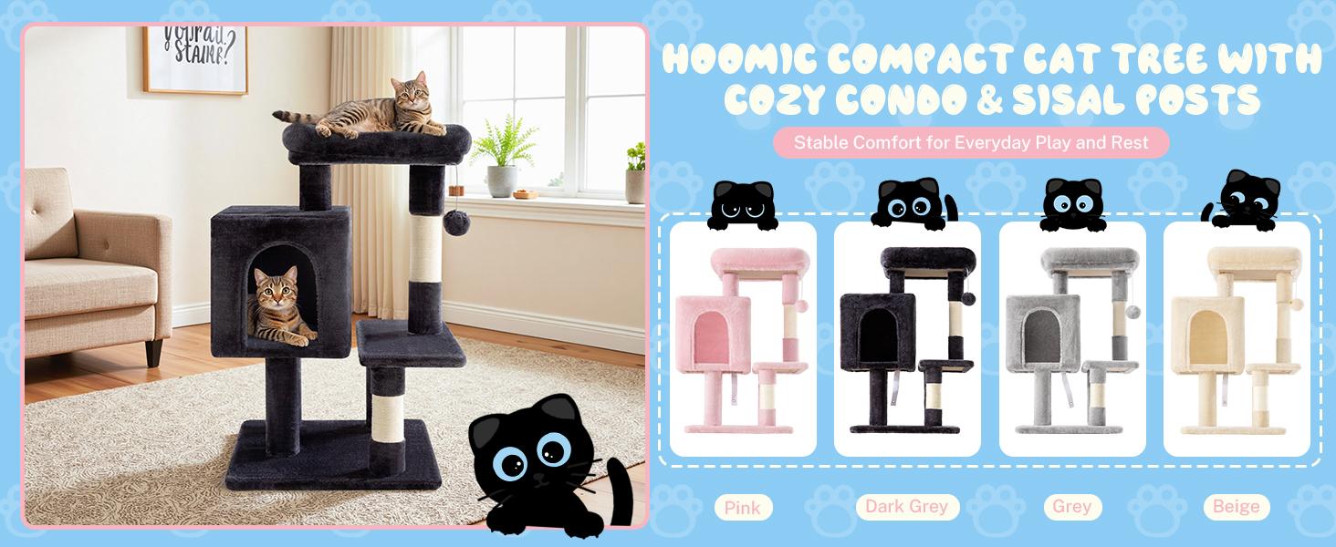 HOOMIC 29-Inch Cat Tree Tower with Large Perch, Cozy Condo & Sisal Scratching Posts. Multi-Level Activity Center for Indoor Cats, Space-Saving Stable Pet Furniture in Pink/Beige/Dark Blue/Grey