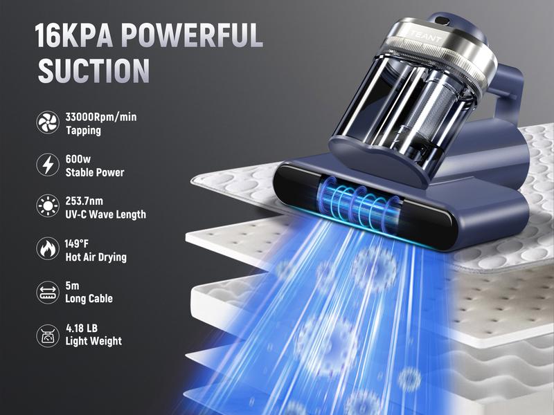 【NEW】Teant Mattress Vacuum Cleaner for Dust Mites Removal, Bed Vacuum with UV-C Light & 149°F Hot Air & Aroma Tablet & LED Display, 16Kpa Powerful Suction Double-Cup Handheld Vacuum Cleaner With HEPA Filter for Bed, Sofa, Carpet Deep Cleaning Machine