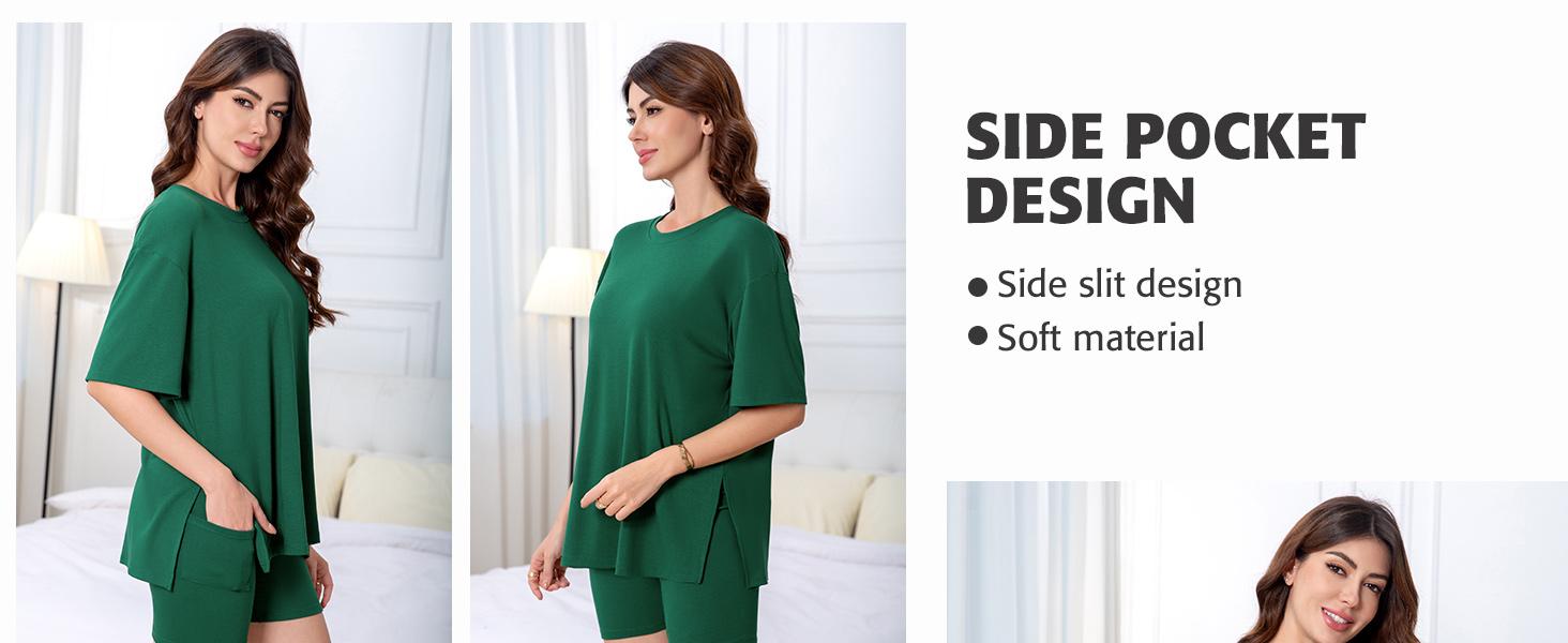 ATTRACO Women's Two-Piece Casual Pajama Set Loose-fitting round-neck shirt with split hem and matching cycling shorts with side pockets. Comfortable loungewear and cozy sleepwear SpringStatements