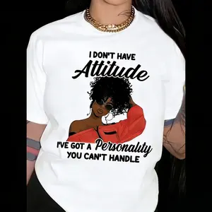 "Women's Graphic Print T-Shirt - Bold ""I Don't Have Attitude..."" Slogan & Red Fashion Glasses Design, Soft Breathable Fabric, Short Sleeve Round Neck Casual Top for Summer & Spring, Machine Washable "