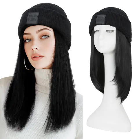 SEGOHAIR Beanie Wig Hat with Hair Attached for Women Beanie Cap wig Synthetic Hairpiece Winter Warm Knitted Hat With Hair Extentions for Women Girls 11 Inch Straight Hair and 18 Inch Wavy Hair, Glueless