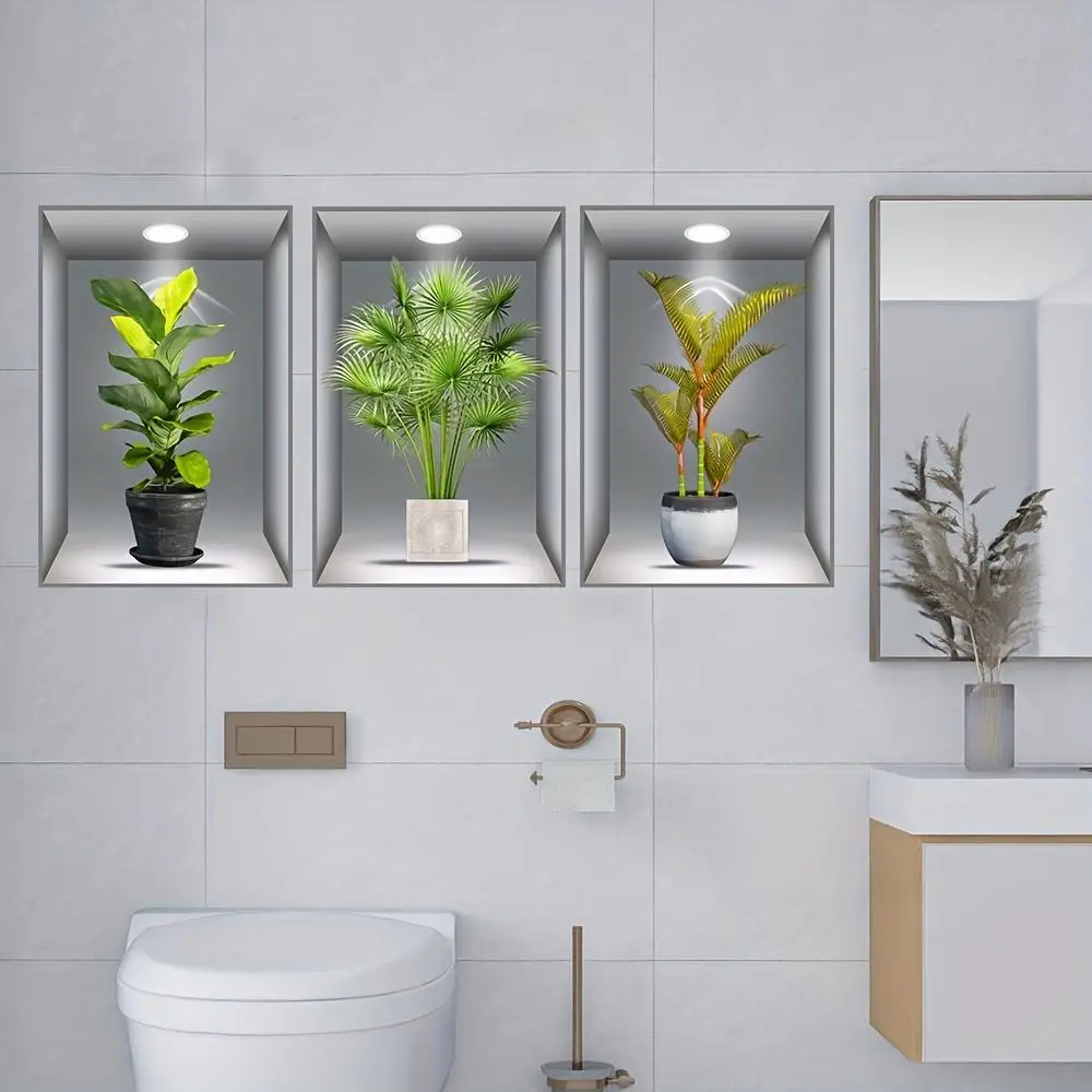 3D Wall Sticker, 3pcs Realistic Plants Pattern Self-Adhesive Wall Sticker, Self Adhesive Stickers, Removable Wall Decor Decal, Adhesive Decals, Home Decoration Wall Sticker, Decorative Wall Sticker, Wall Decor for Living Room & Bedroom & Bathroom