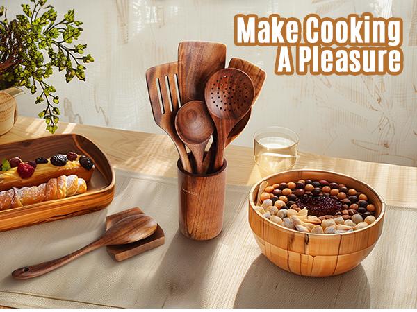 Mooues Natural Teak Wooden Kitchen Utensils Set - 3-15 Piece Safe Eco-Friendly Utensils with Comfort-Grip Spoons & Spatulas for Home Cooking CozyVibes