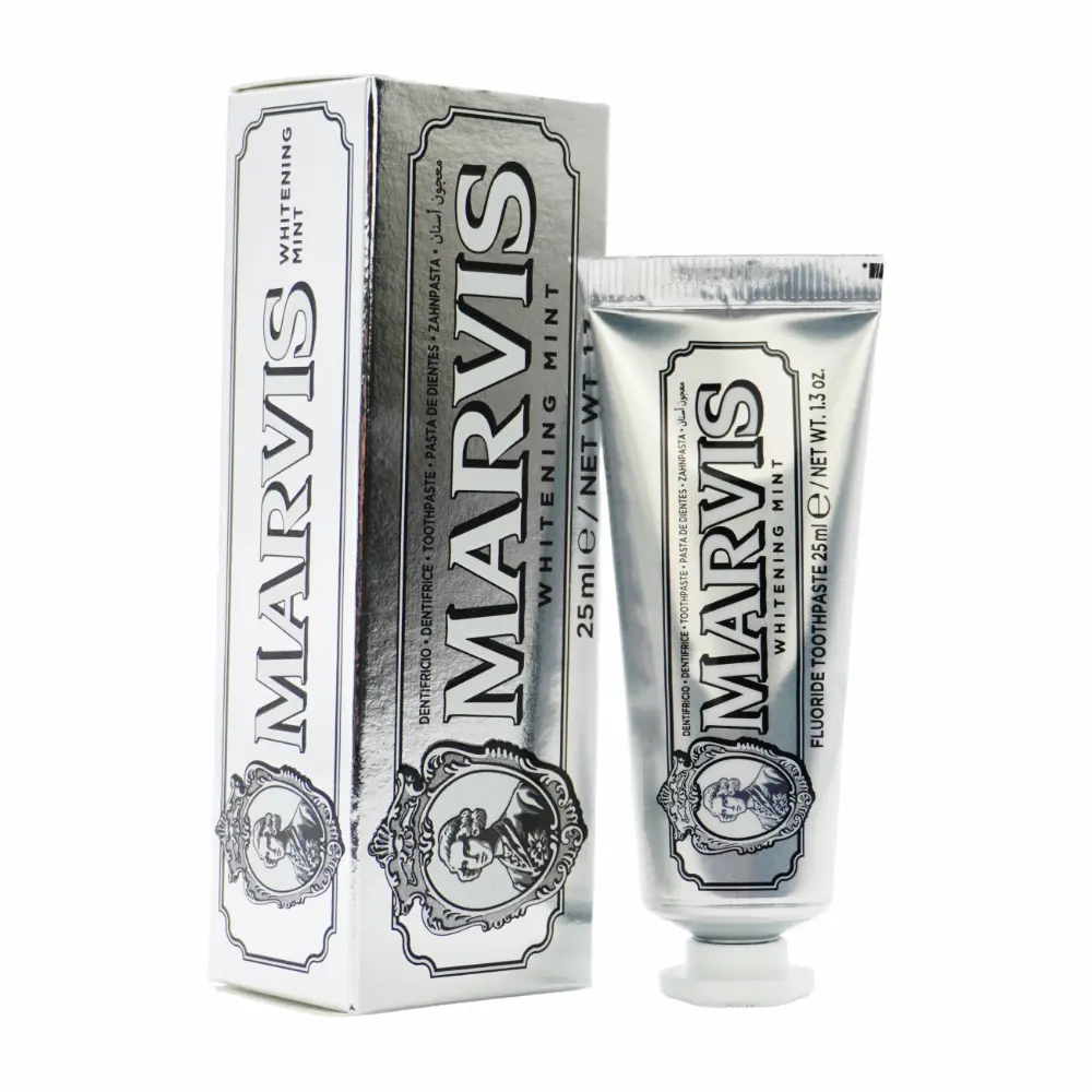 Marvis Whitening Refreshing Mint Toothpaste, 0.8oz (25ml) Gentle Oral Care with Fluoride Boost, Anti-Plaque, Prevents Cavities, Brightens Teeth, 12-Month Storage, Ideal for Daily Use for Fresh Breath