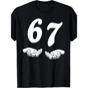Funny 67 Meme T-Shirt for & - 67 Number Joke Design with 6 & 7 Hands Print, 100% Cotton Soft Crew Neck Tee,  Casual Gift Idea for Birthdays, Parties & Casual Attire (Black) Menswear Tops Breathable Tshirt Graphic Graphic Tees