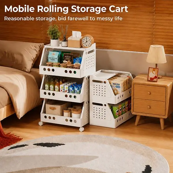 UFORU Modern Rolling Storage Cart with Wheels - Stackable, Foldable, Freely Combinable Plastic Organizer Rack for Home Users, Household Org. in Indoor Spaces (Kitchen, Bedroom)