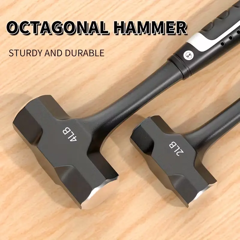 Heavy Duty Octagonal Stone Hammer 3LB & 4LB One-piece Solid Steel TPR Rubber Handle Non-slip Impact-resistant Durable Hand Tool for Construction Demolition DIY Projects