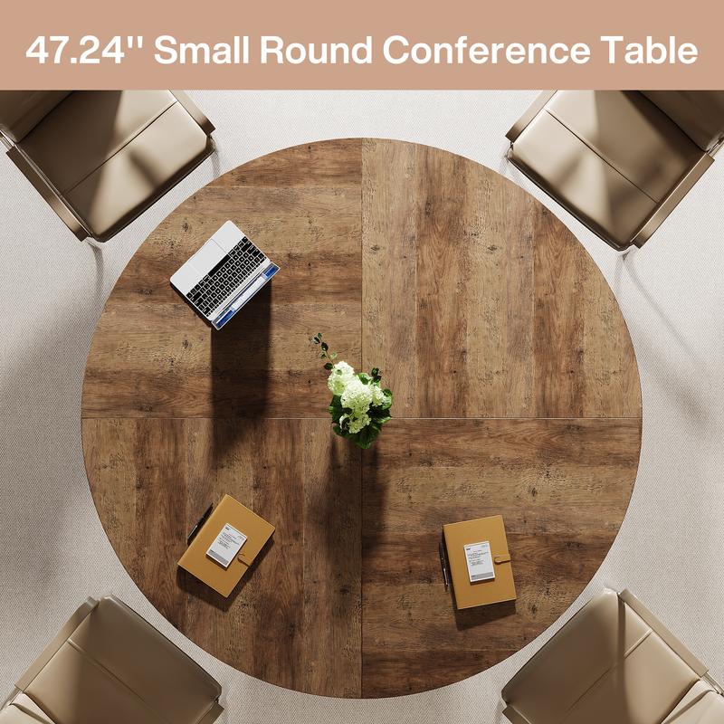 LITTLE TREE 47-Inch Round Conference Table, Meeting Table for 4-6 People, Small Office Desk with Sturdy Metal Base, Perfect for Conference Room or Small Workspaces