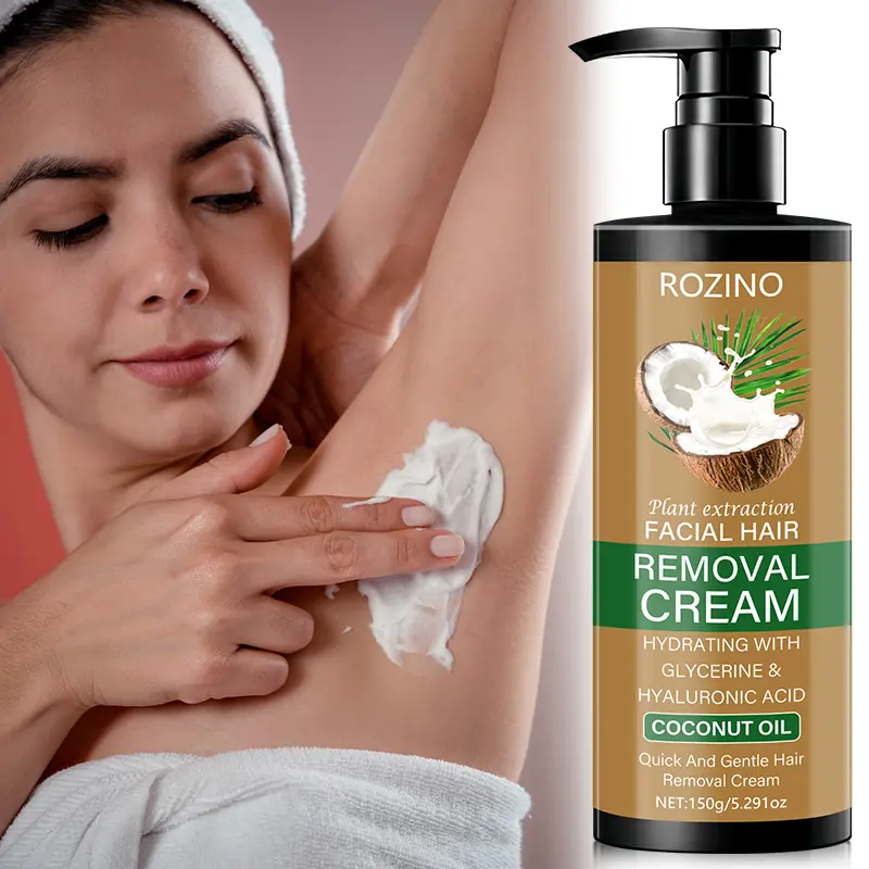 ROZINO Facial Hair Remover Cream with Hyaluronic Acid & Glycerin, Moisturizing Hydrating Depilatory Formula for Smooth Skin, 150g Pump Bottle for Home Use, Hair Removal Cream For Face, Home Hair Removal