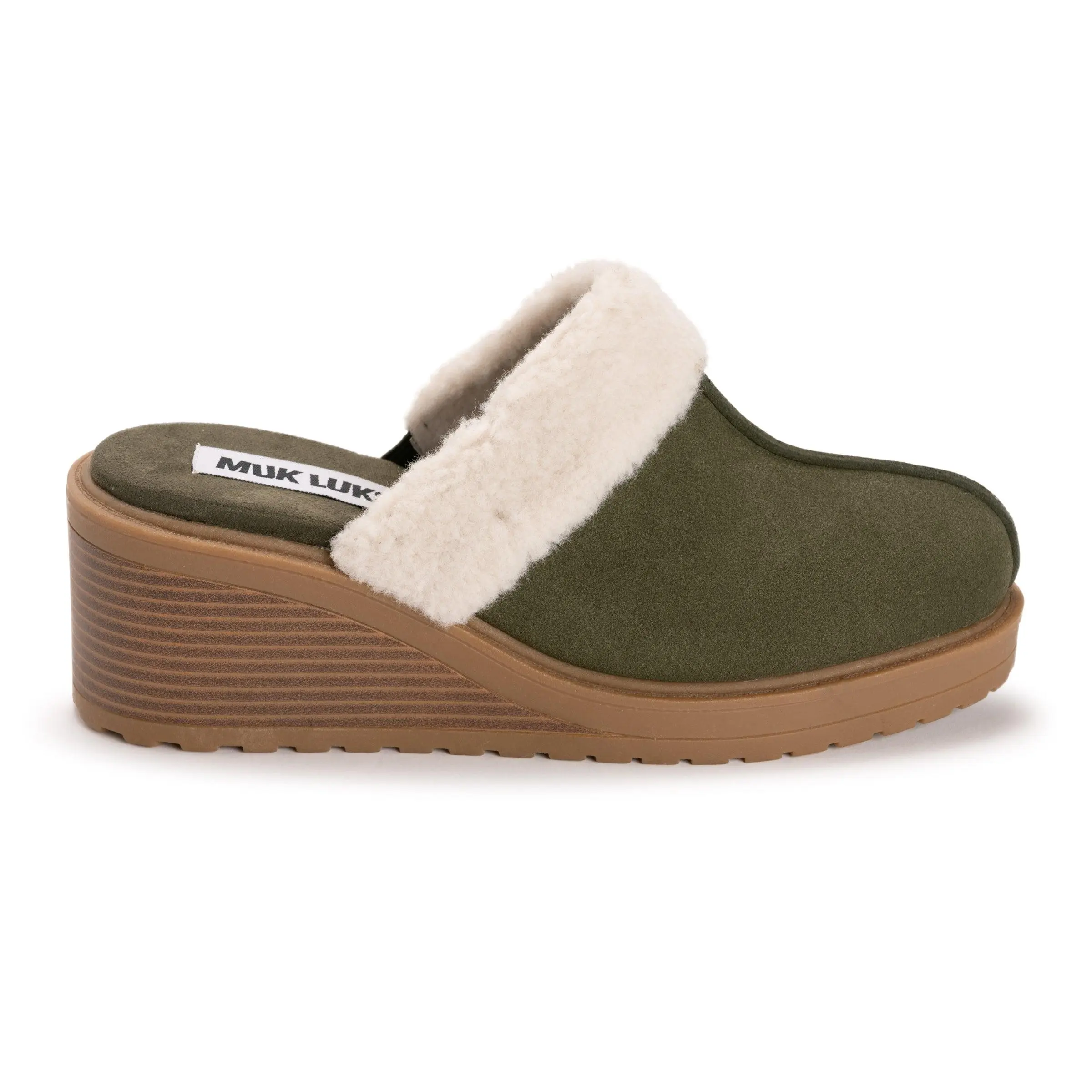 Muk Luks Women's Sophia Wedged Mules - Cozy Faux Sherpa Slip-On Shoe with Memory Foam Insole for Everyday Walks, Shearling Mules, Casual Outing, Female Fit, Walking Shoes, Footwear, Faux Sherpa Cuff, Casual Wear, Half Sizes Available