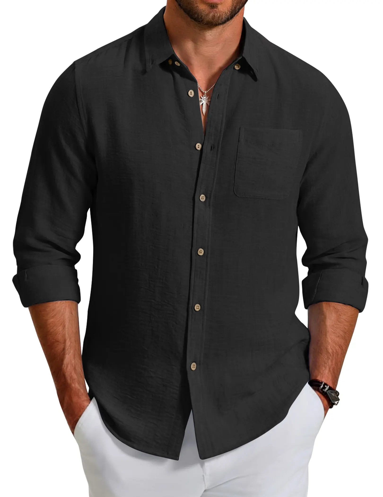 COOFANDY Men's Long Sleeve Button Down Shirt Casual Untucked Shirts Summer Beach Wedding Linen Textured Shirts