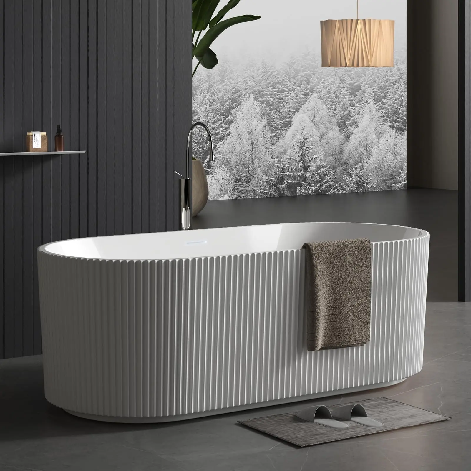 Deep Soaking Acrylic Freestanding Bathtub, 67 Inch Standalone Tub, Textured Stripe Appearance, Glossy White Surface, Equipped with Pop-Up Drain and Overflow, for contemporary household bathroom bathing