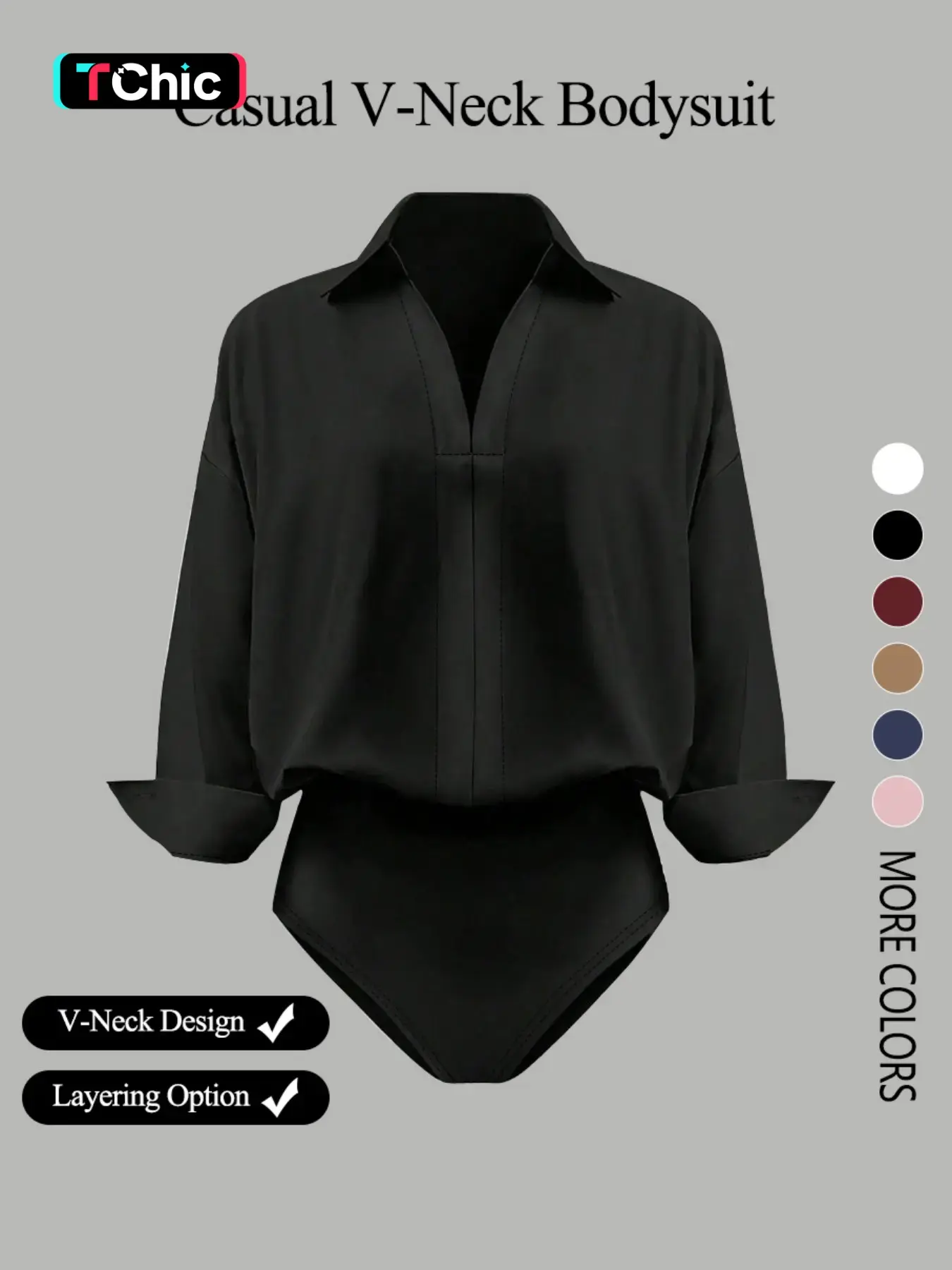 Women's casual loose V-neck long-sleeved shirt Bodysuit, elegant woven fabric, slim fit, suitable for all seasons, and can be layered flexibly, Womenswear