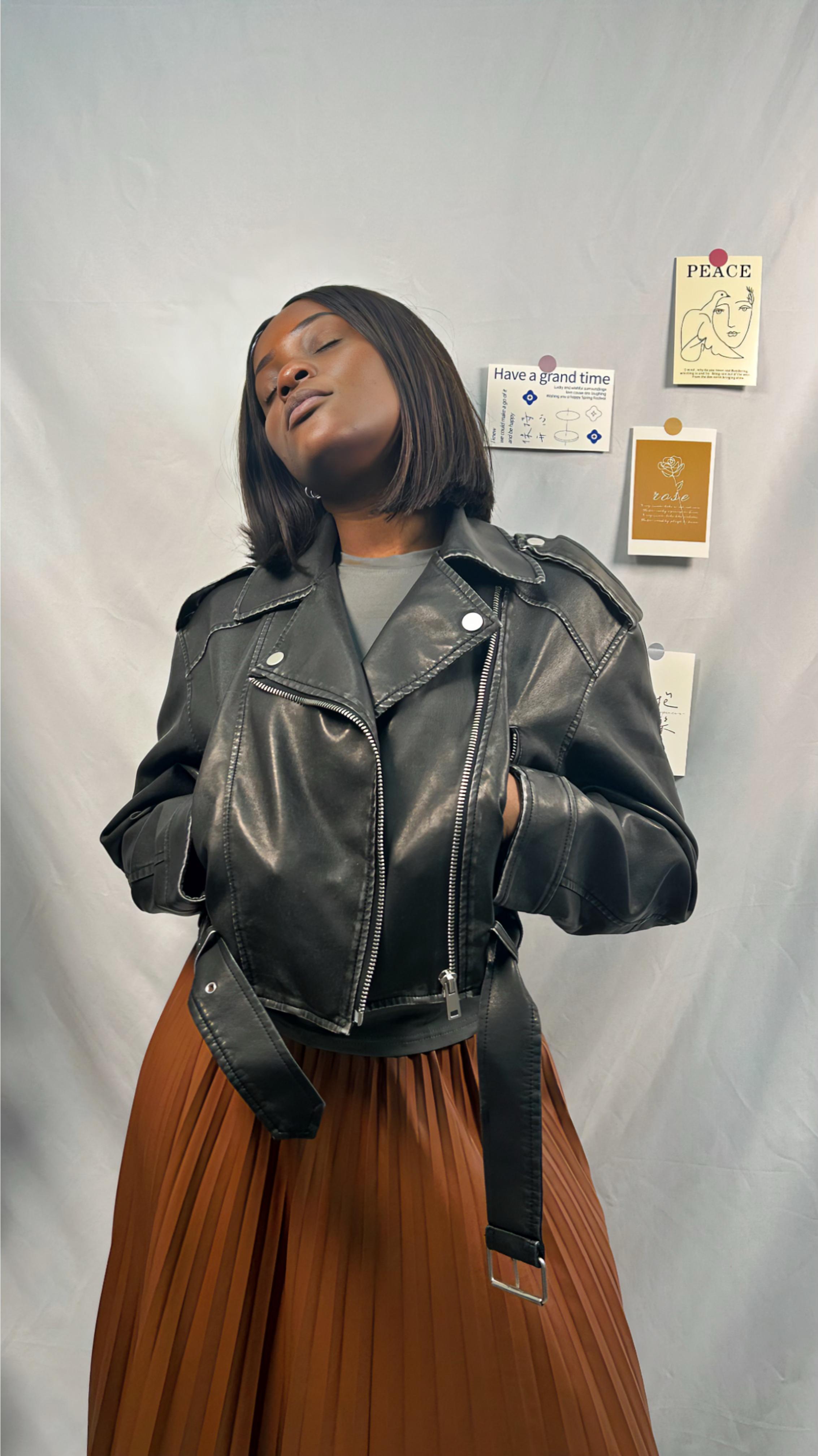 New Women Retro Faux Soft Leather Jacket Coat Turndown Collar Belted PU Moto Biker Black Punk Outerwear *LooKo